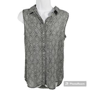 H&M Black-White Geometric Sheer Sleeveless Button-Down Blouse Size 4